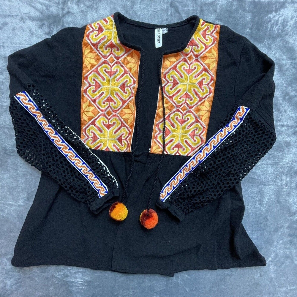 Bordado A Mano Shirt Womens Medium Black Orange Embroidery Pompoms Woven Boho